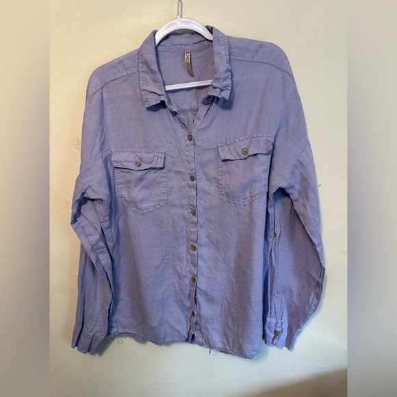 XCVI Top Womens Large Linen Lagenlook Boho Beach Raw Hem Cottage Coastal - Picture 1 of 4